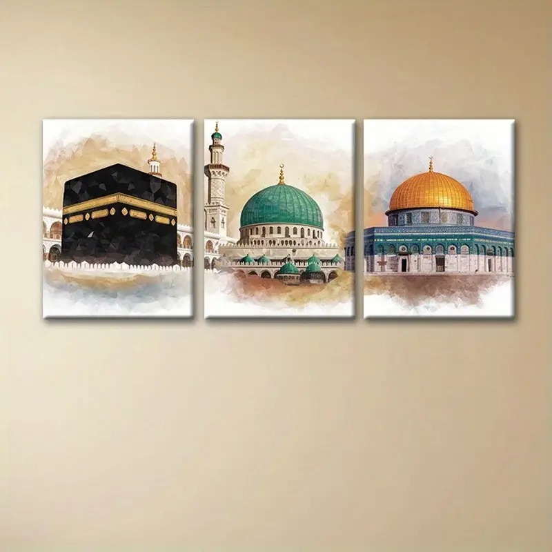 KIT 3 Quadros Islâmicos Meca Medina Mesquita | Decoração Sala Aquarela Arquitetura