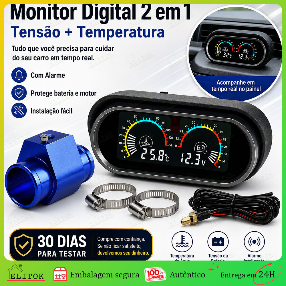Digital 2 Em 1 Automotivo C/ Adaptador T E Alarme – Meça Voltagem E Temperatura Com Facilidade E Segurança