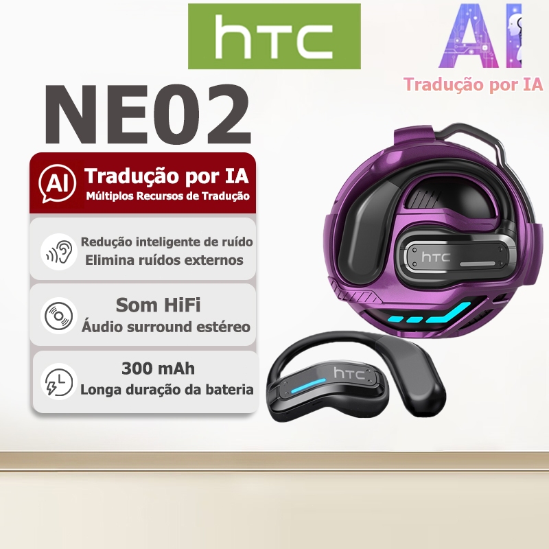 Fone Bluetooth HTC NE02 estilo meca com tradução por IA, fone sem fio Bluetooth 6.0, som HiFi e cancelamento de ruído in