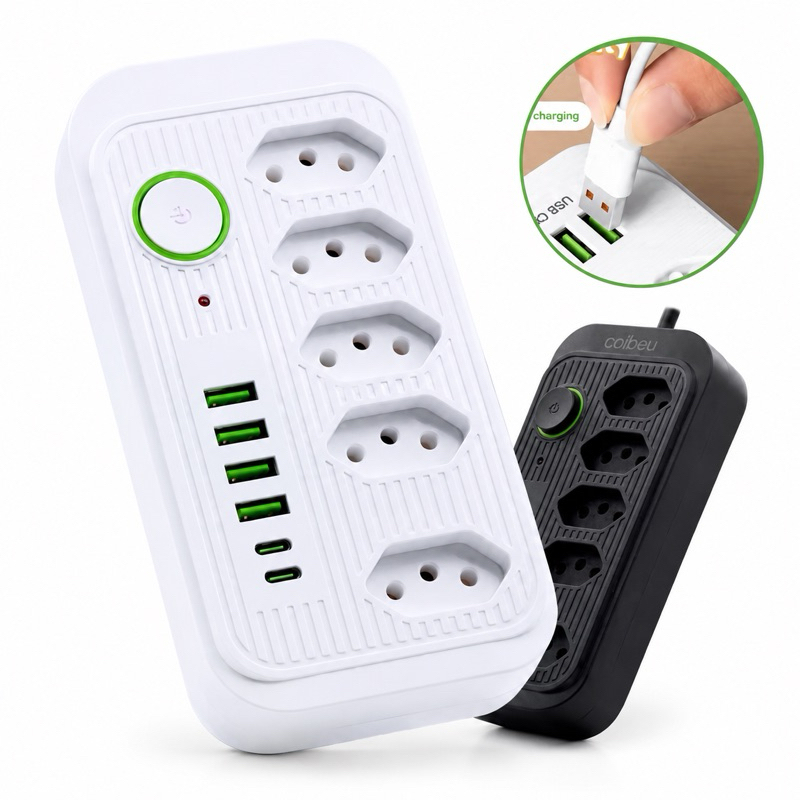 Régua Elétrica 5 Entradas + 4 USB e 2 ype-C Bivolt 110V/230V Universal Cabo 2m Modelo COIBEU.
