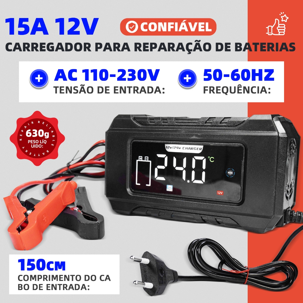 12V/24V (15A/8A) Carregador de bateria inteligente 110V-230V fosfato de ferro-lítio