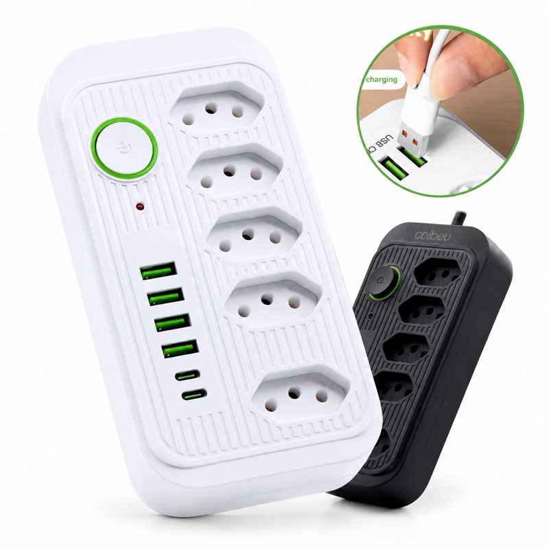 Régua de Energia 5 Entradas com 4 Portas USB + 2 Type-C Bivolt Universal 110V/230V 2m COIBEU