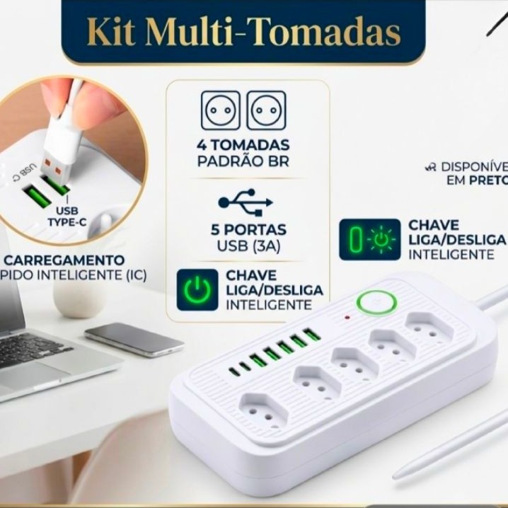 Extensão Multiuso 5 Tomadas + 5 Portas USB e 1 Tipo-C Universal Bivolt 110V/230V 1,8m COIBEU WKC-541