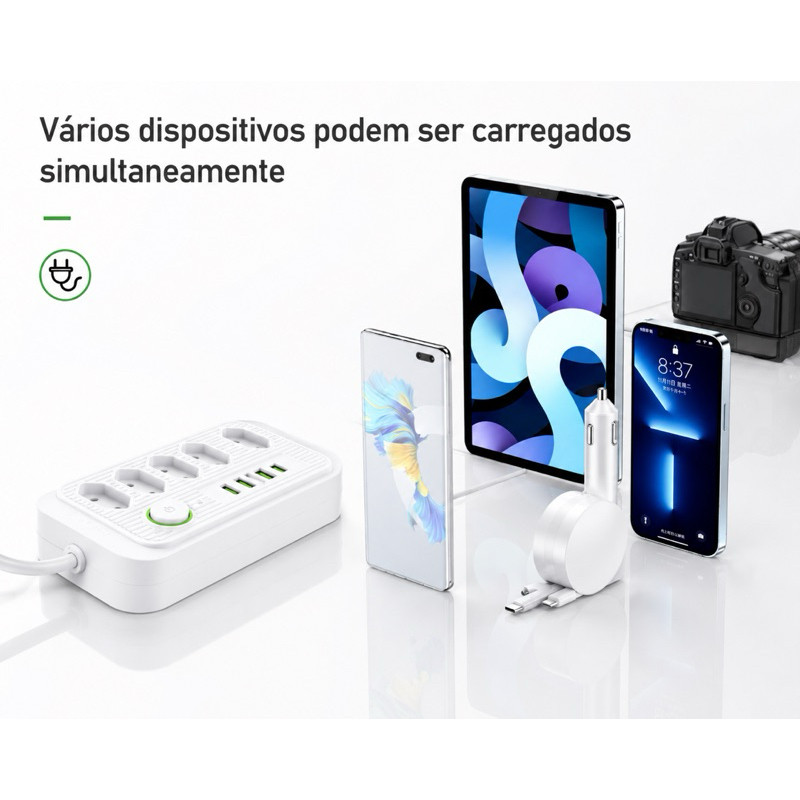 Régua de Energia 5 Entradas - com 4 Portas USB + 2 Type-C Bivolt -  Universal 110V/230V 2m COIBEU