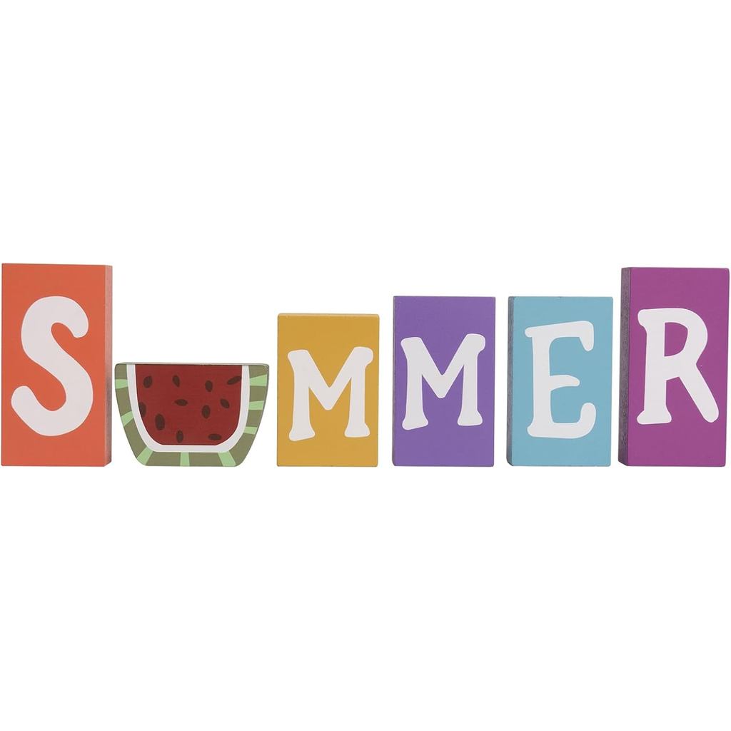 Set Of 6 Wooden Summer Signs Letter Blocks, Wood Summer Table Decorations Indoor, Seasonal Decorative Signage Tiered Tra