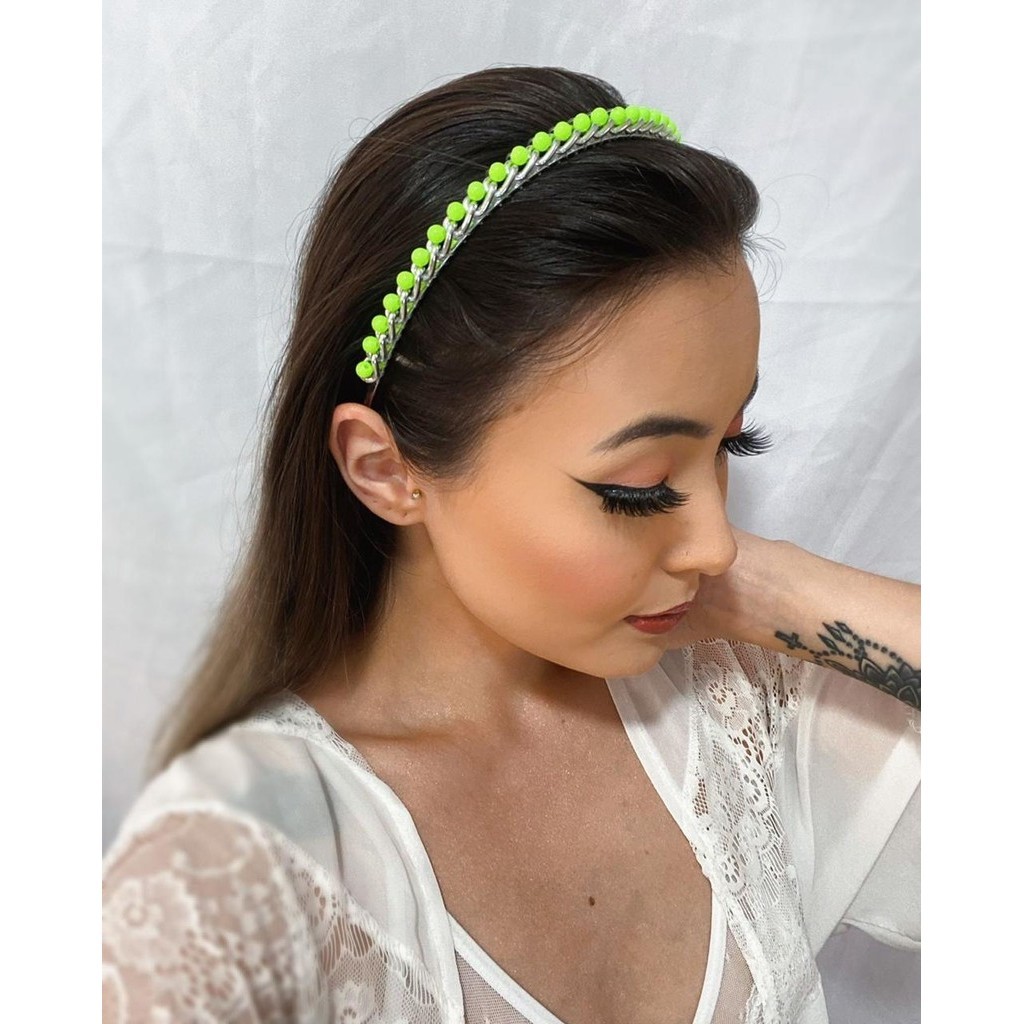 Tiaras arco de cabelo prata com esferas Verde neon detalhes em corrente