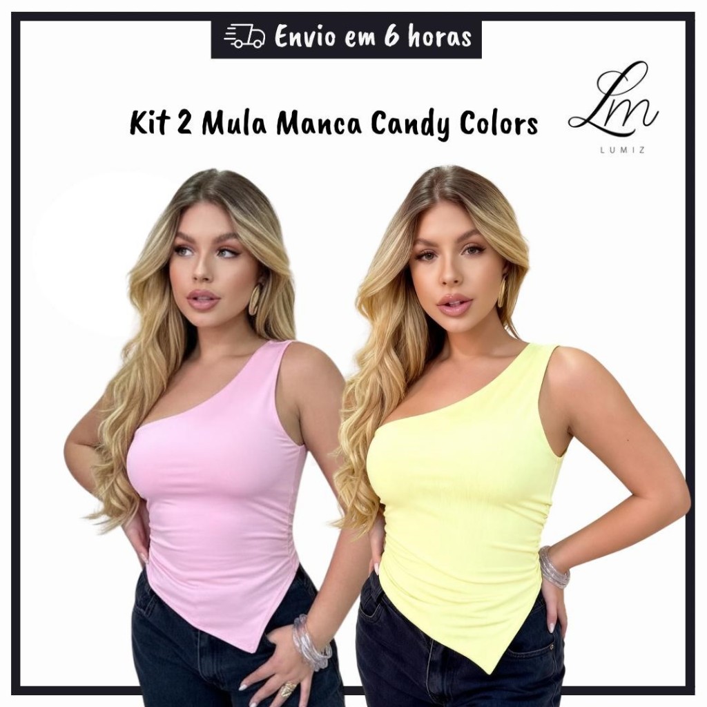 Kit 2 Blusa Feminina Mula Manca Assimétrica Um Ombro Só Suplex Moda Verão Candy Colors