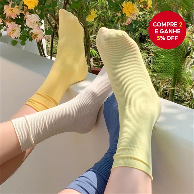 Meias Da Moda JK Coreanas | Ultrafinas Empilháveis De Seda Gelada Cor Pastel Dopamina Para Mulheres (Creme/Rosa/Amarelo)