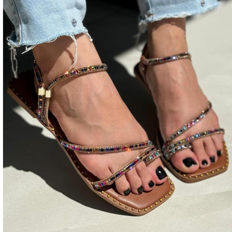 Sandália Rasteirinha Strass Tiras Birlho Colorido Verão Tendencia Moda Feminina Bordada Colors