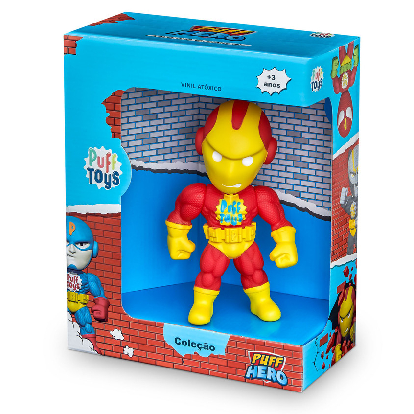 Boneco Super Herói Steel Man 17cm articulado 100% Vinil Coleção Puff Hero