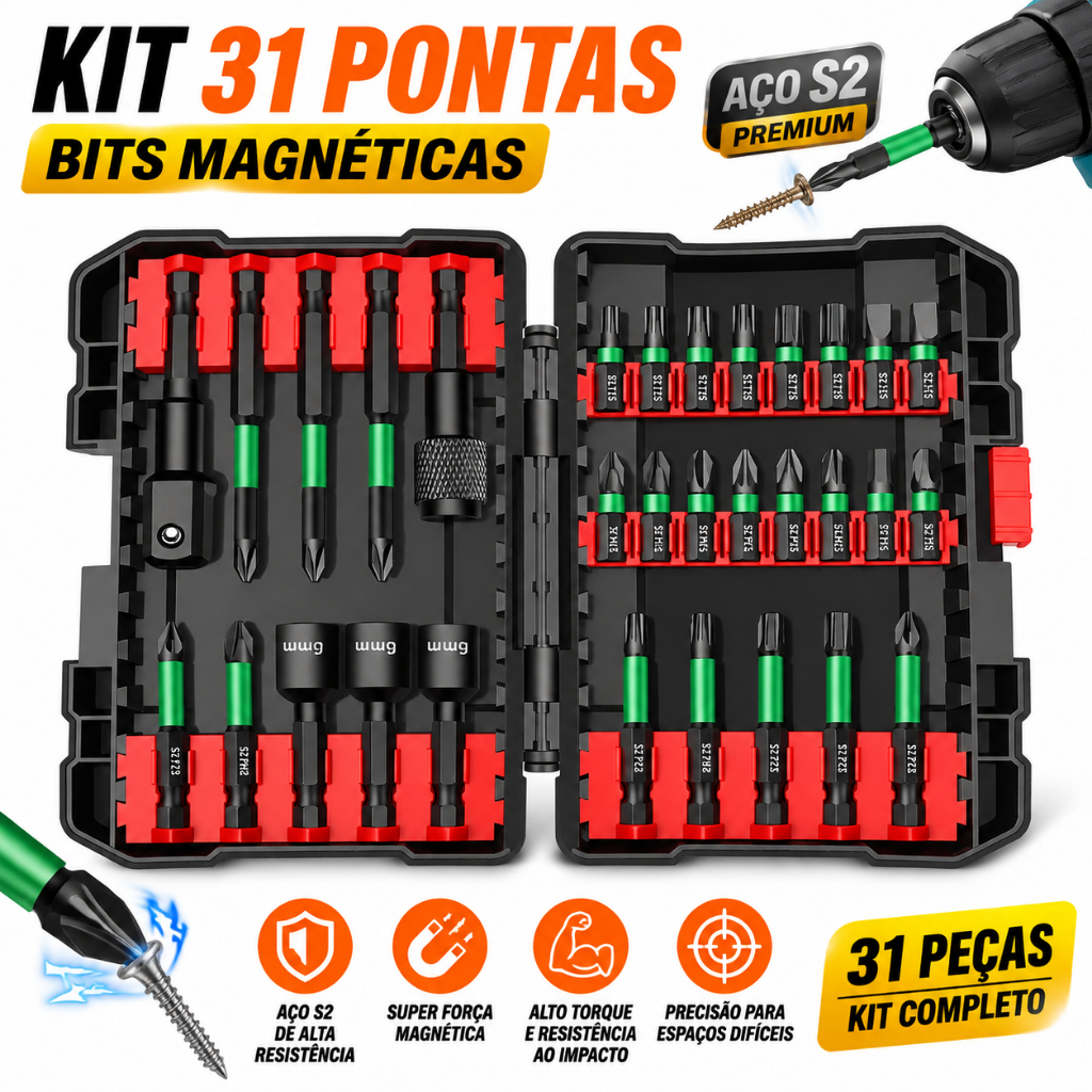Kit 31 Pontas Bits Super Magnética Ponteira S2 steel Parafusadeira