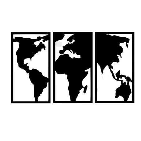 Kit Quadro Trio Painel Trio Mapa do Mundo Mundi Continentes Corte a Laser Acabamento Perfeito Sala MDF Preto