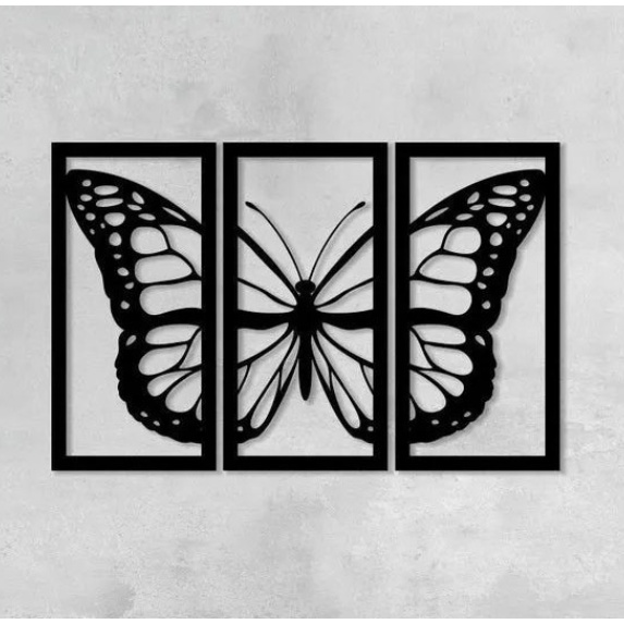 Quadro Vazado Kit Painel Trio Borboleta em MDF Corte a Laser Perfeito Acabamento Preto