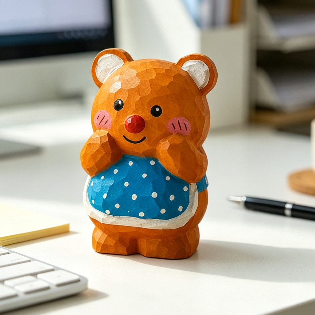 Hand-carved Basswood Bear Ornament – Cute Wooden Figurine with Apron Decorative Statue for Desktop Shelf Home Office D