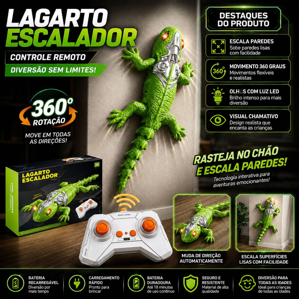 Lagarto Escalador Parede Controle Remoto 360 Graus Sucção VácuoLEDWall Crawler Rastejante Infantil Recarregável