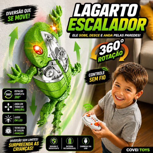 Lagarto Escalador de Pared com Controle Remoto 360° LED Wall Crawler Brinquedo Rastejante Infantil Recarregável com Sucç