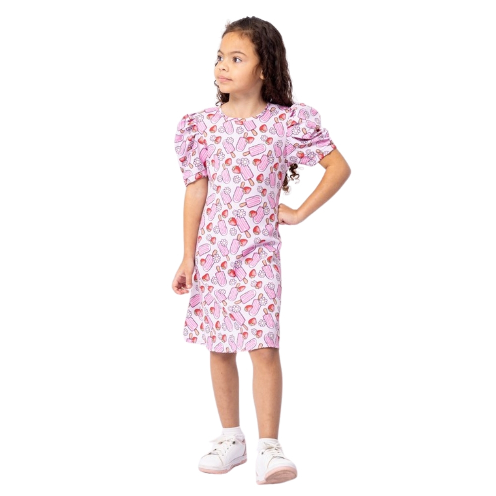 Vestido Premium Menina Infantil Picolé Manga Bufante Gola Circular com Botão Perolado e Abertura Gota nas costas