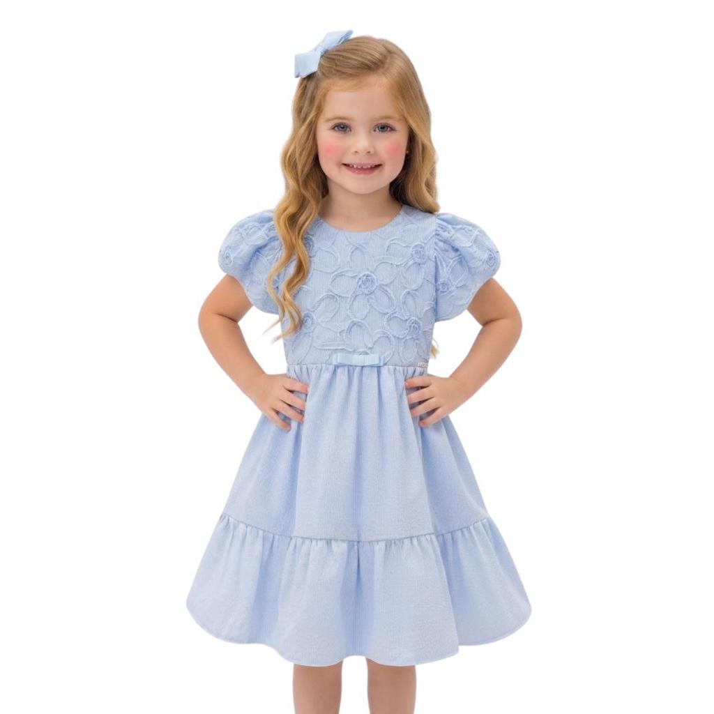 Vestido Infantil Tricoline 3D Floral Manga Bufante Azul Claro Infanti