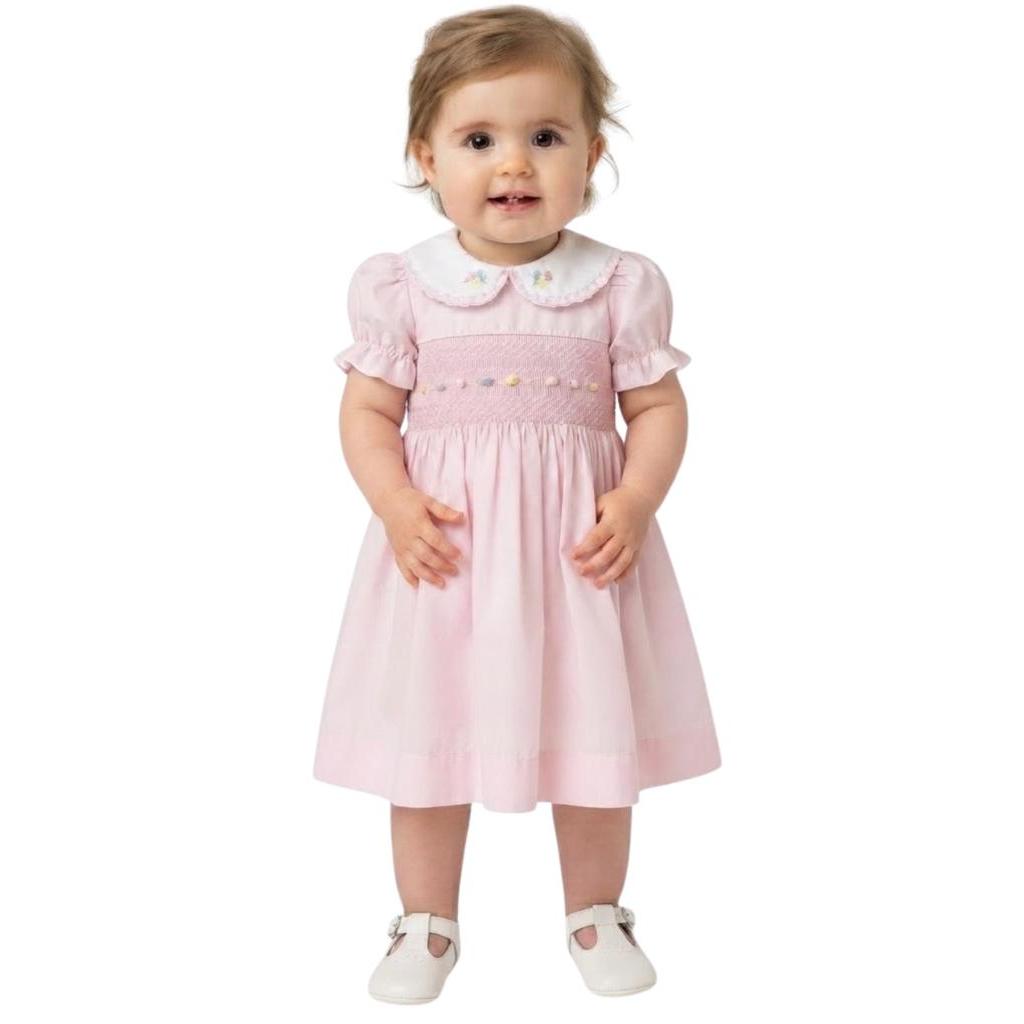 Vestido Rosa Infantil e Bebê Bordado Smock Algodão Manga Bufante Menina Papilloo