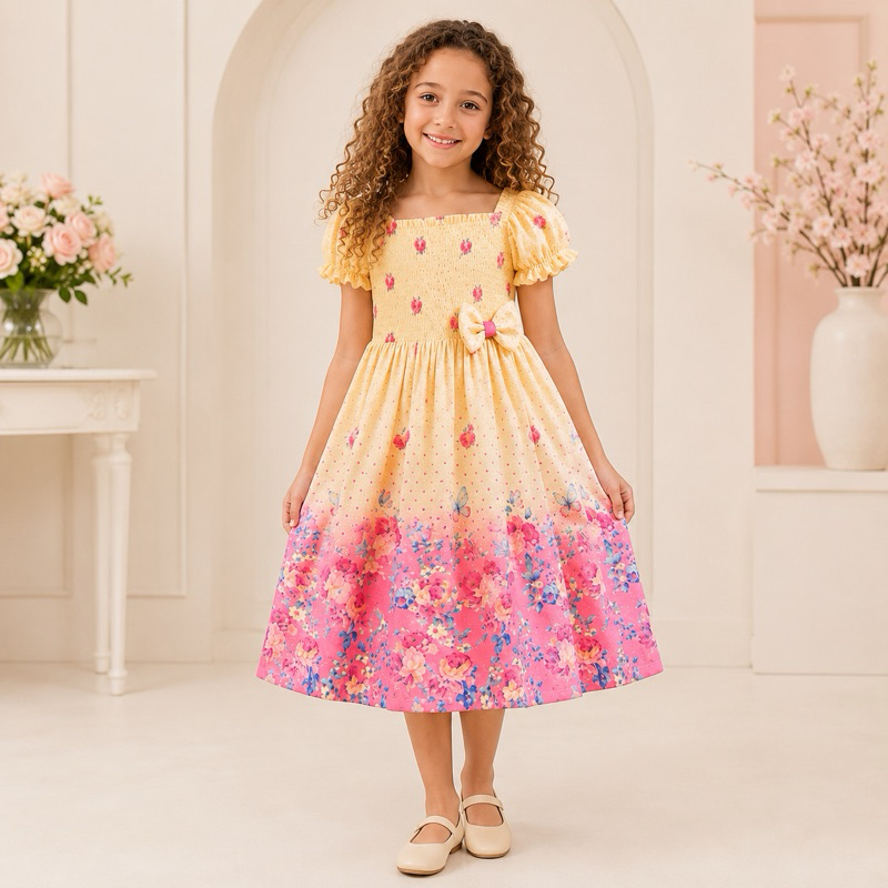 Vestido Infantil Menina Floral com Borboletas, Manga Bufante e Laço | Tamanho 8