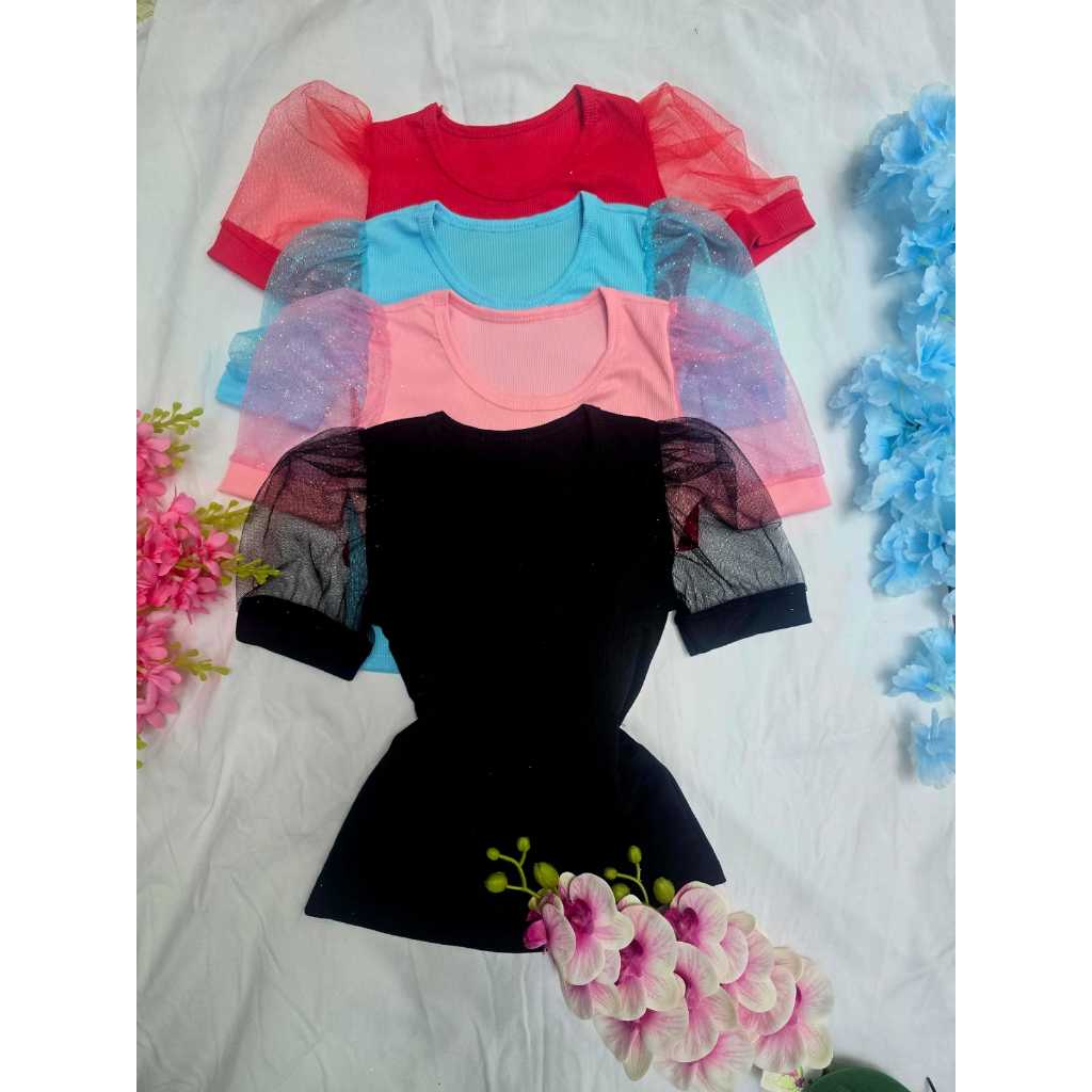 KIT 2 Blusa infantil Manga princesa Bufante tule canelada manga curta lisa