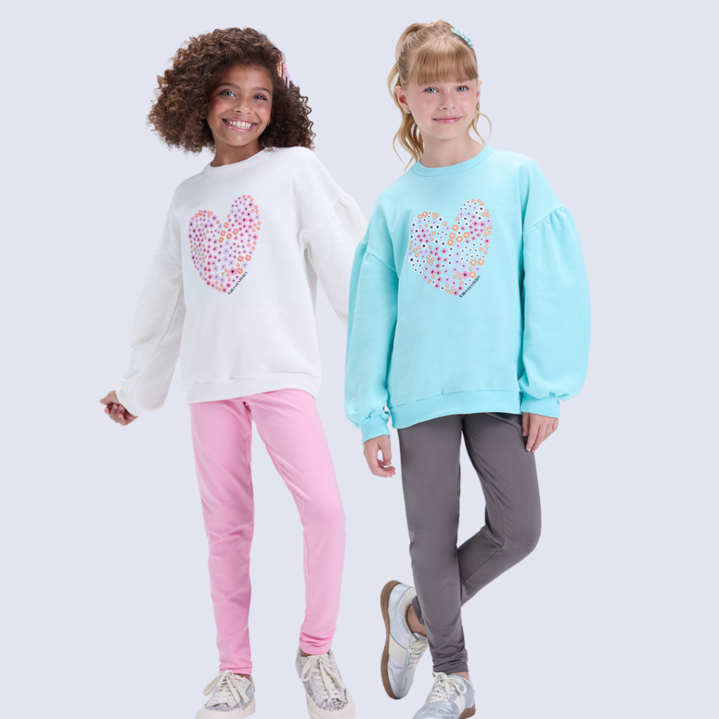 Conjunto Infantil de Inverno Feminino Moletom com Manga Bufante e Coração