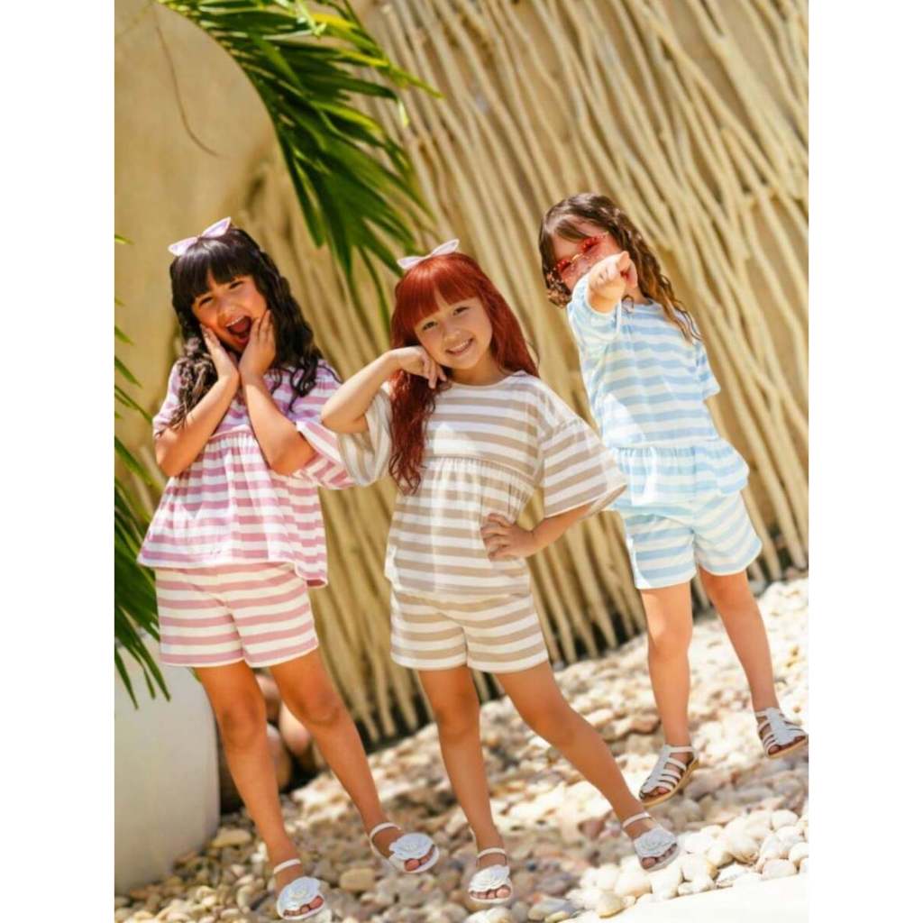 Conjunto Infantil Verão Menina Short Elástico + Blusa Com Manga Bufante Moda Casual Dia a Dia 100% Confortável