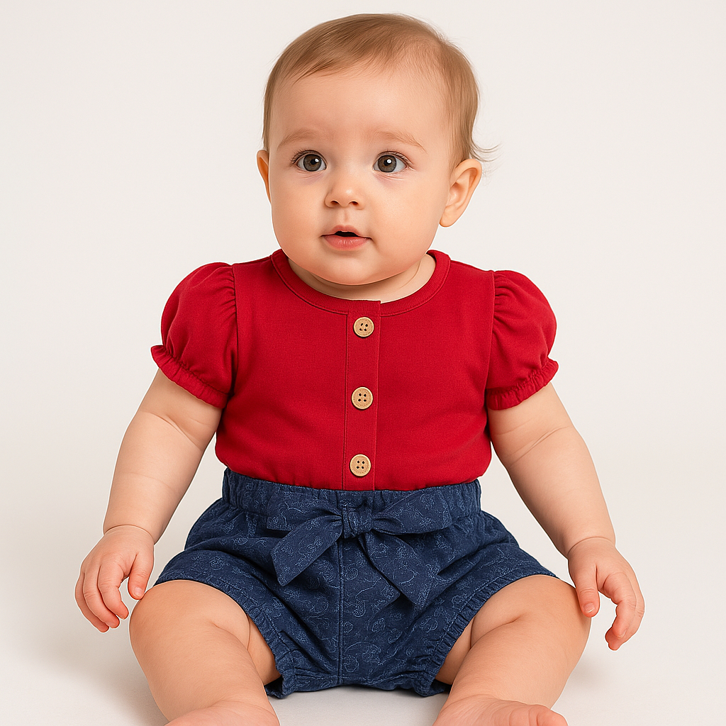 Macacão Bebê Menina Jeans com Estampa Floral – Mangas Bufantes e Laço