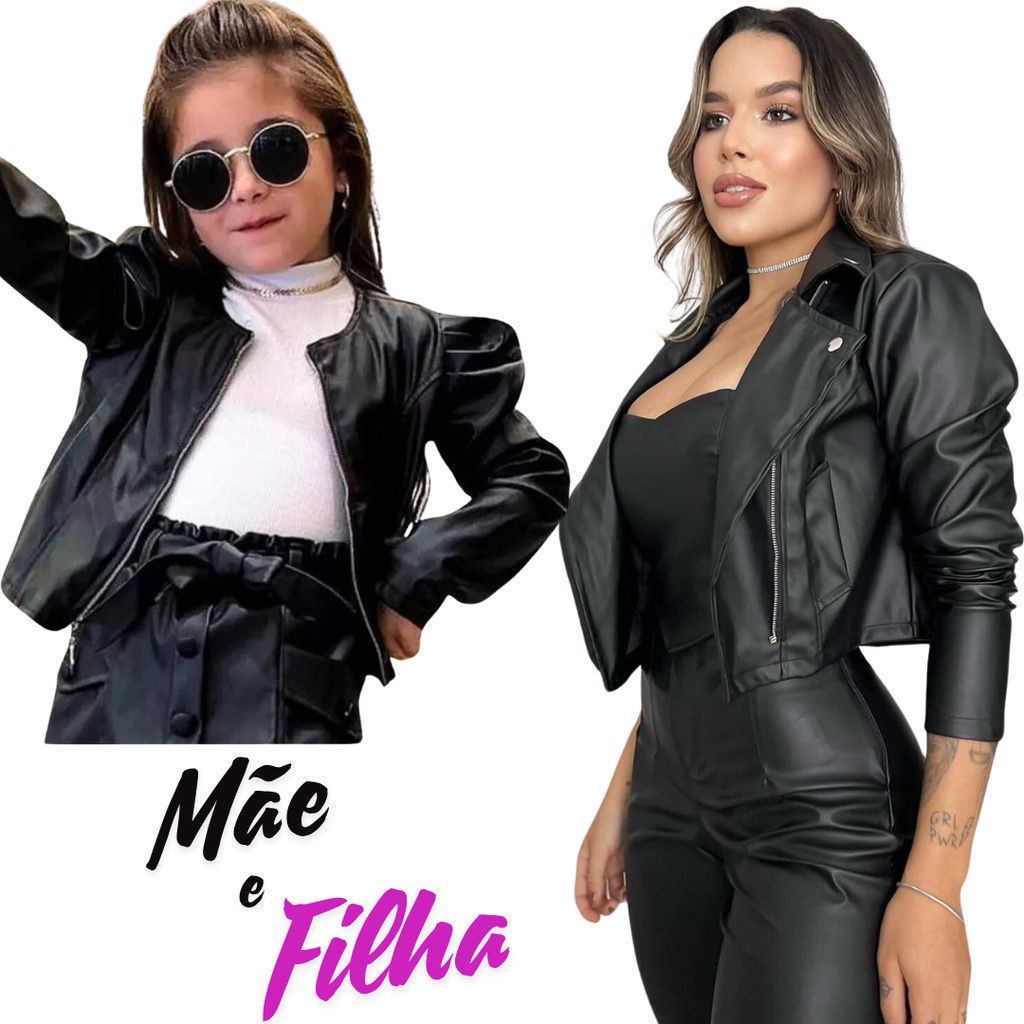kit Jaqueta Mãe e Filha Infantil Menina Manga Bufante Jaqueta Courinho Sintético Com Zíper