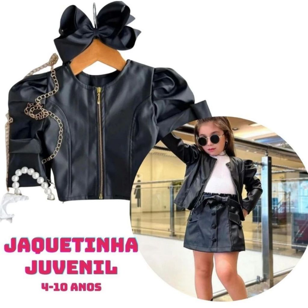 Jaqueta Infantil Menina Manga Bufante Preta Couro Sintético Com Zíper Jaquetinha Blusa Juvenil