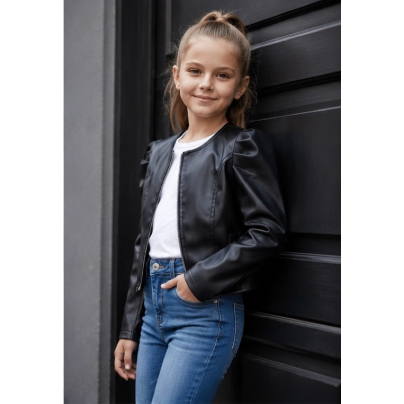 Jaqueta infantil Menina Manga Bufante Preta Couro Sintético Com Zíper Jaquetinha Blusa Juvenil