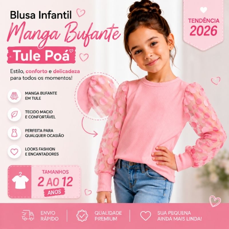 Blusa Infantil Manga Bufante Tule Poá Menina Fashion Elegante 2 a 14 Anos
