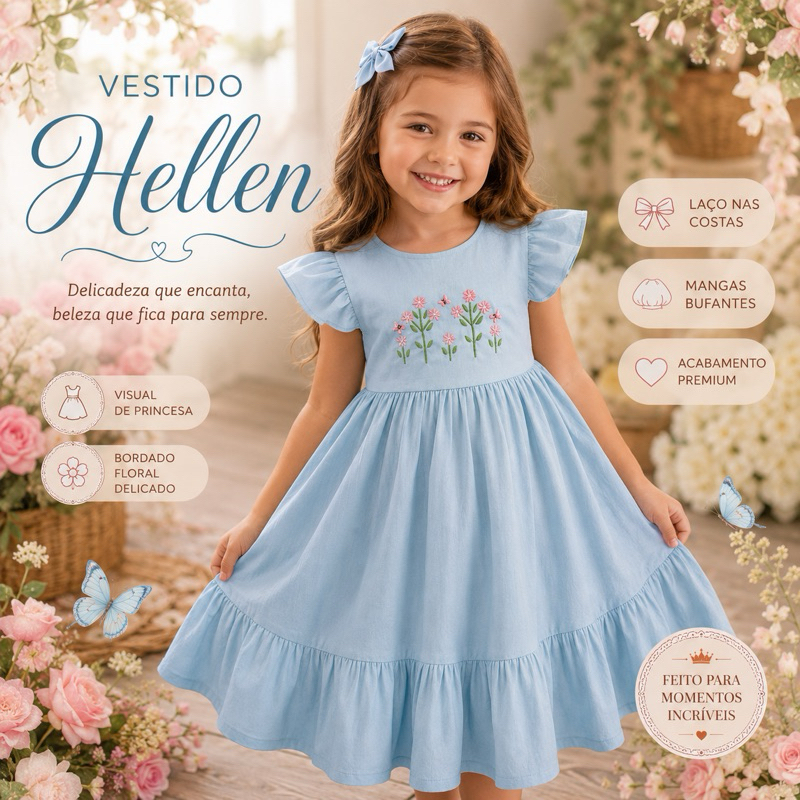 Vestido Infantil Menina Hellen Luxo Bordado Floral Manga Bufante com Laço Costas Festa Aniversário Fotos