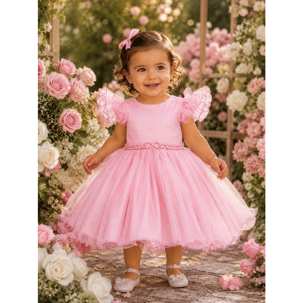 Vestido Festa Infantil Luxo Com Voal E Brilho Cinto De Pérolas e Manga Princesa - Várias Opções De Cores