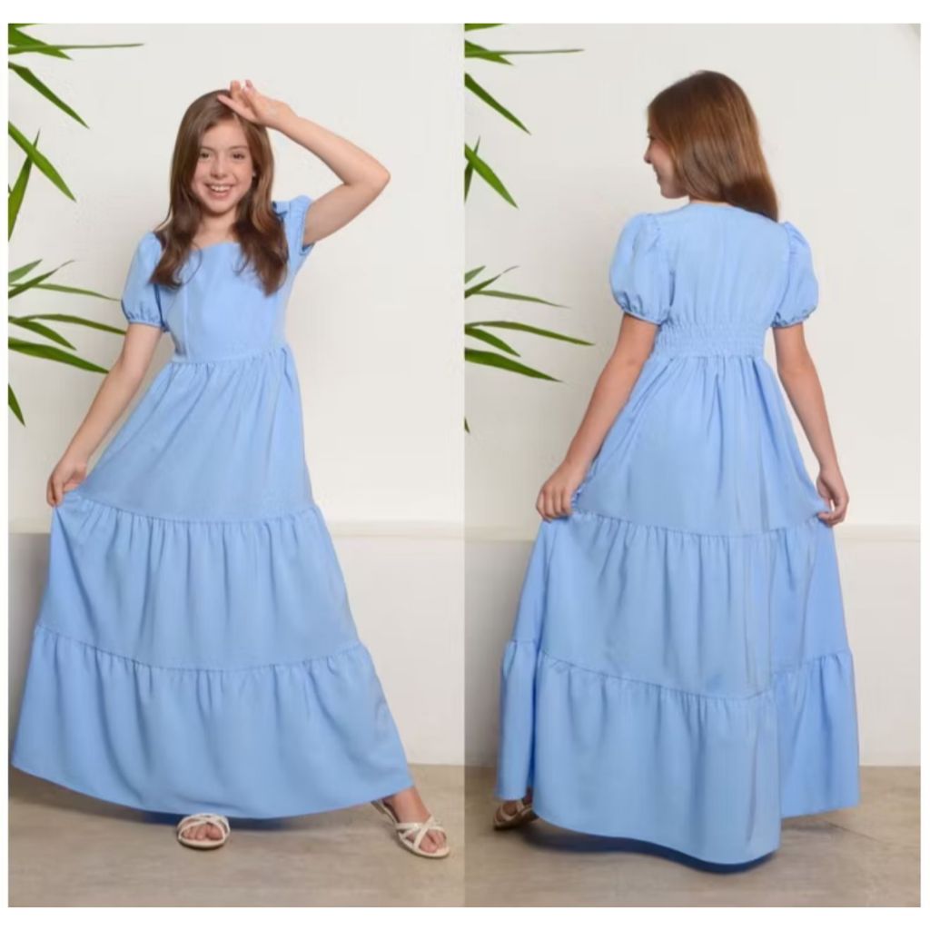 Vestido Longo Juvenil Menina Manga curta princesa bufante Moda Evangélica tres marias