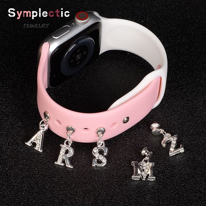 Para Apple Watch Band Metal Charmes Anel Decorativo Prata A-Z 26 Cartas Diamante Ornamento Smartwatch Relógio Inteligente Pulseira De Silicone Acessórios iwatch