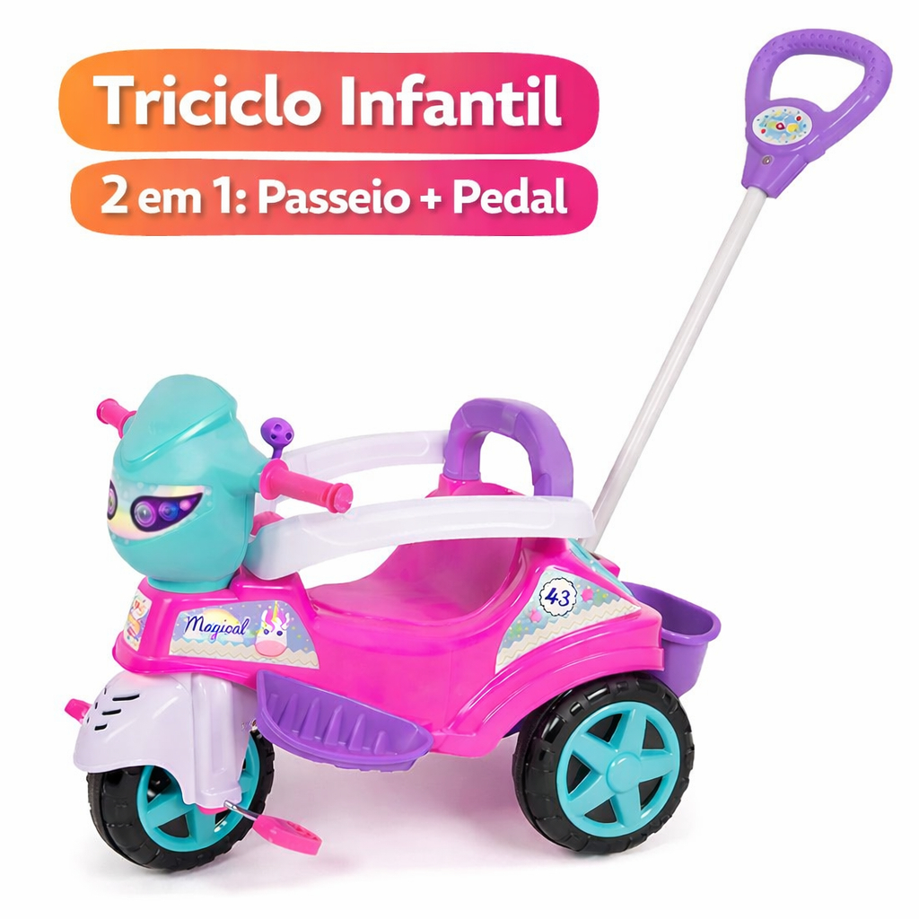 Triciclo Infantil Rosa 2 em 1 com Empurrador Passeio e Pedal Menina Seguro Rodas Antiderrapantes