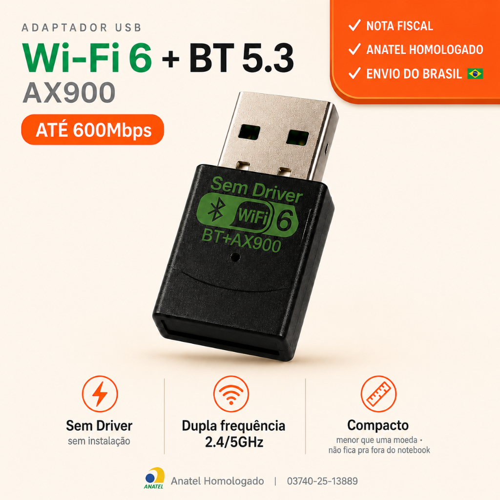 Adaptador WiFi Bluetooth USB AX900 Wi-Fi 6 BT 5.3 Dual Band 5GHz Dongle PC Notebook C/ NOTA FISCAL