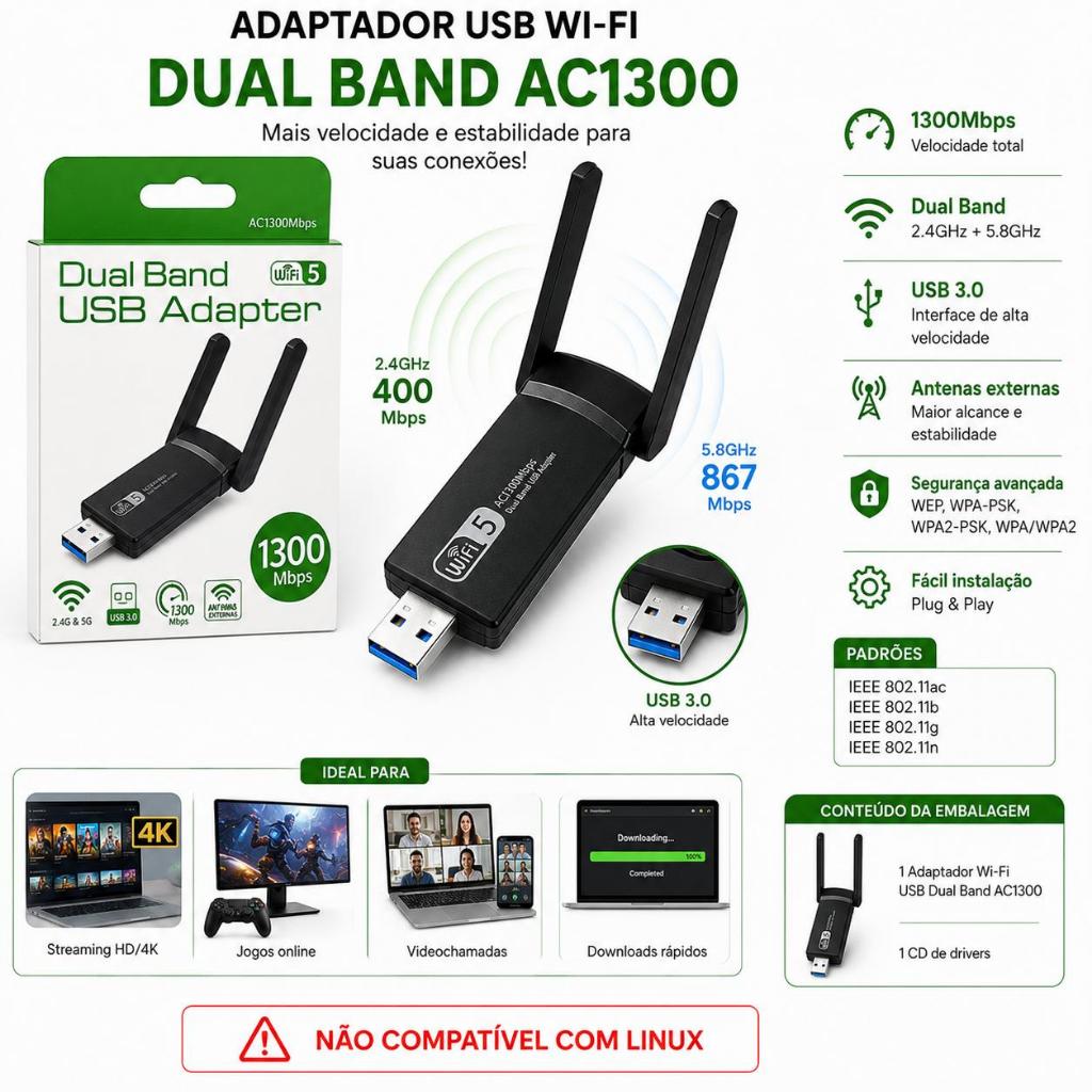 Adaptador USB WiFi Dual Band AC1300 1300Mbps USB 3.0 Antena Alta Potência 2.4GHz 5GHz Para PC Notebook Windows top