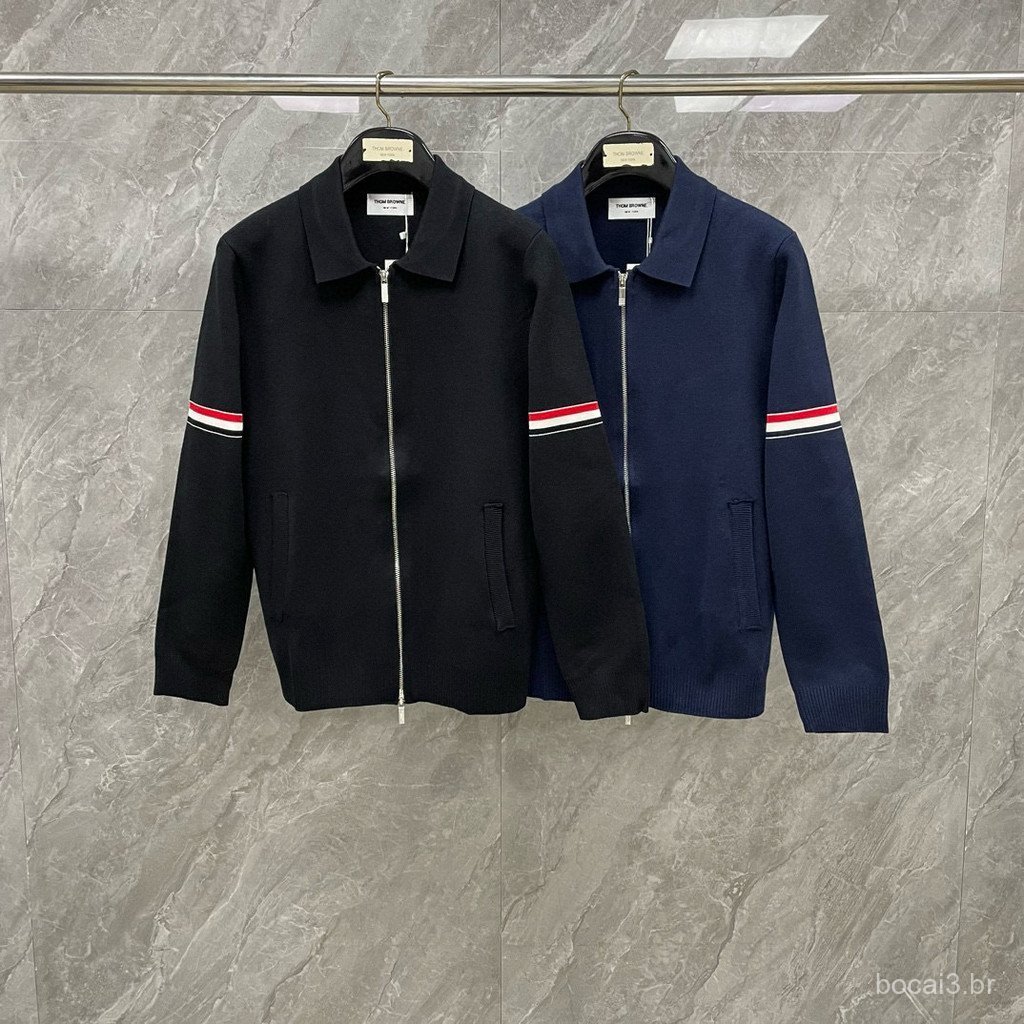 MVEN Spring and autumn double-sleeve red, white, and blue logo zip-up knit cardigan jacket, unisex casual fashion