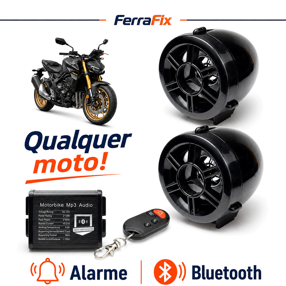 Caixa de Som para Moto Bluetooth MP3 FM USB SD com Alarme e Controle Remoto