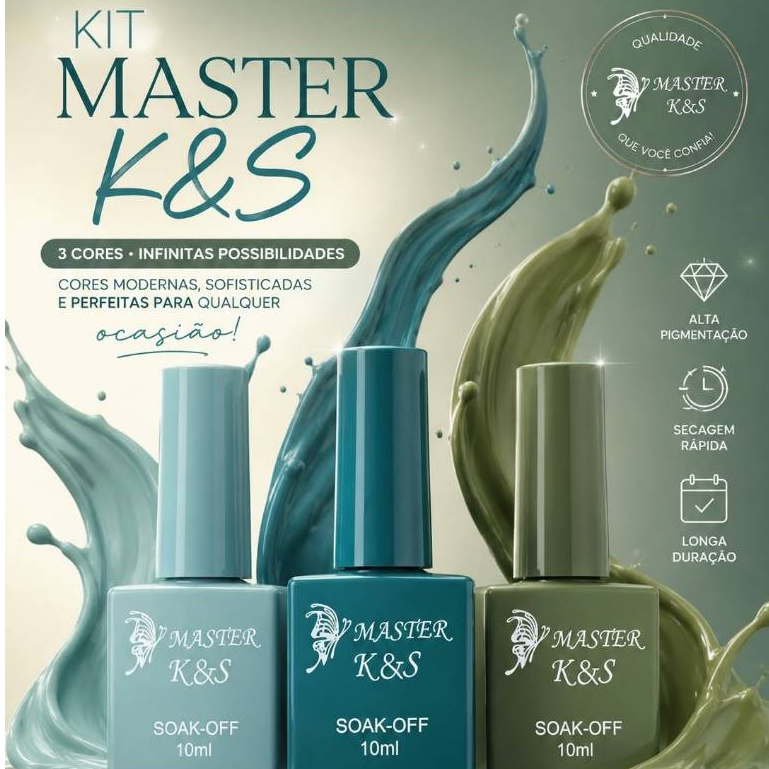 Kit 3 Esmaltes em Gel Master K&S Verde Mint Oceano e Oliva 10ml Alta Pigmentação