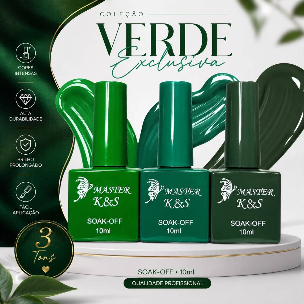 Kit 3 Esmaltes em Gel Master K&S Soak-Off 10ml – Coleção Verde
