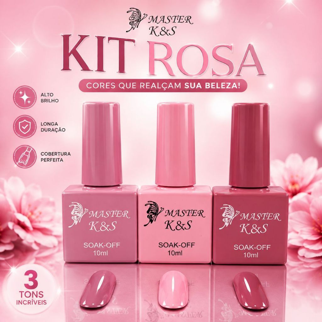 Kit 3 Esmaltes em Gel Master K&S Soak-Off 10ml – Tons de Rosa