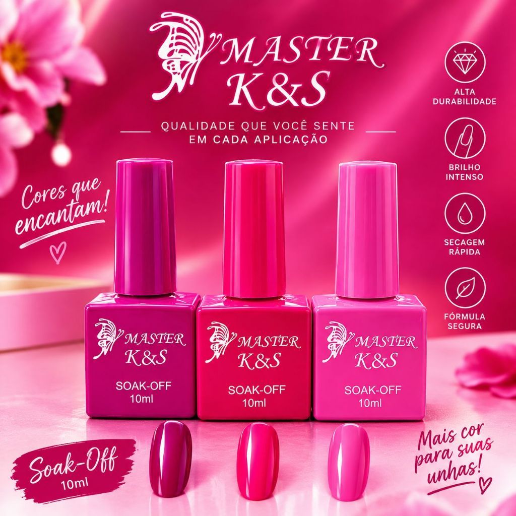 Kit 3 Esmaltes em Gel Master K&S Soak-Off PINK 10ml – Cores Vibrantes para Unhas