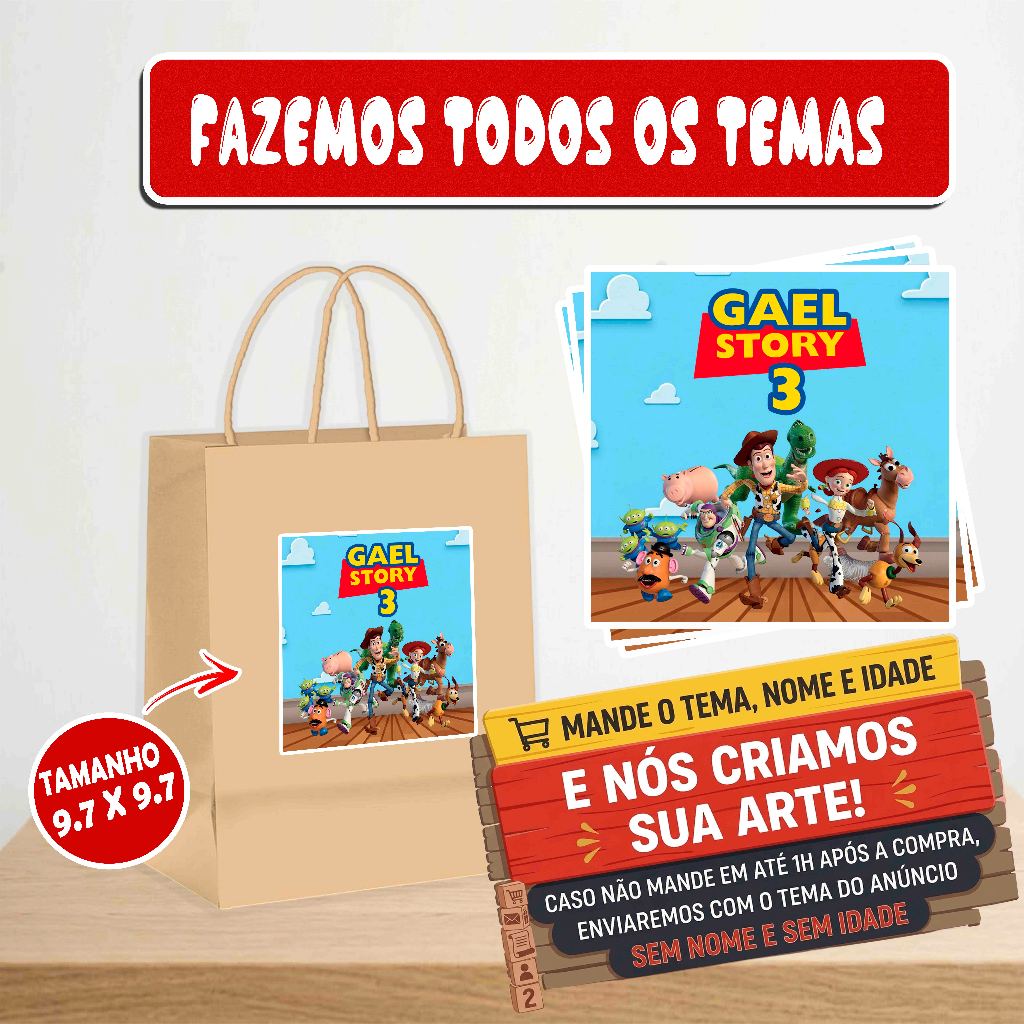 Rótulo adesivo personalizado para sacola Kraft ou plástica - Toy Story
