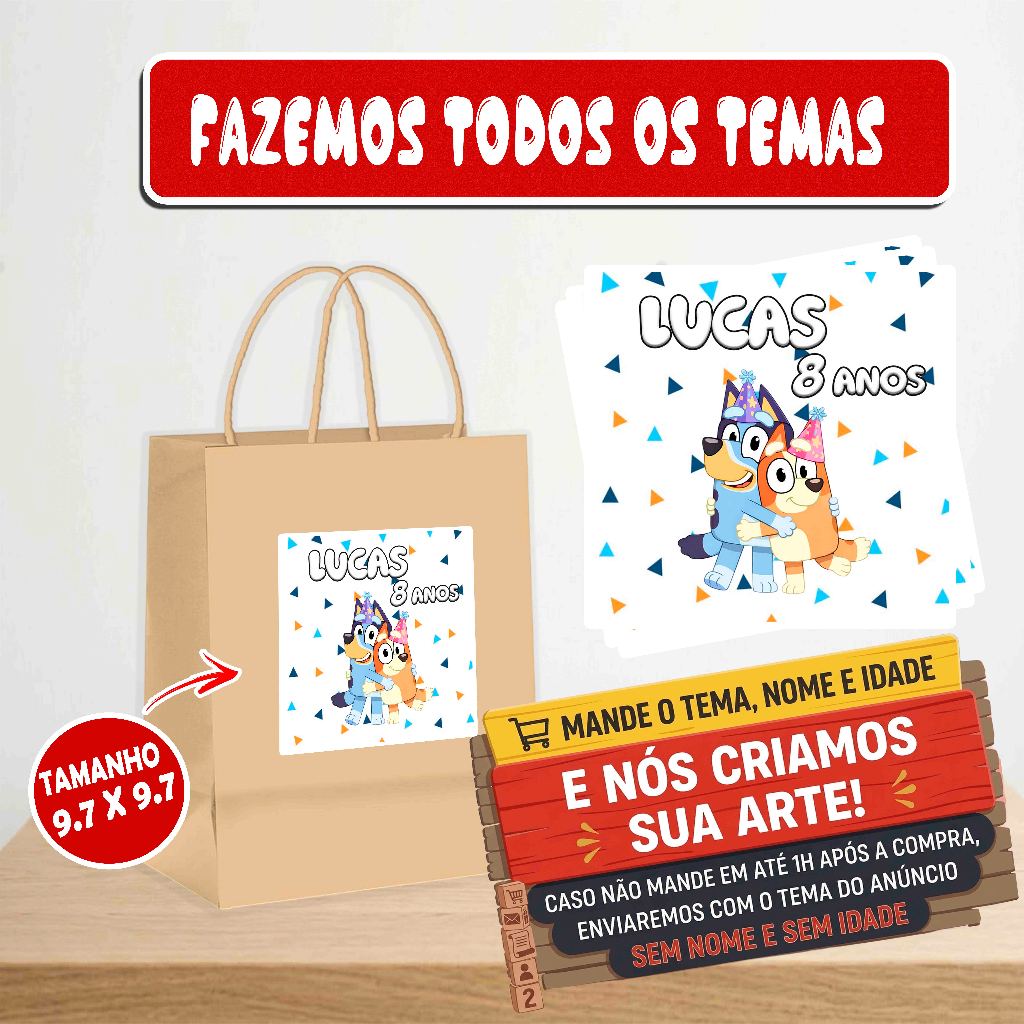 Rótulos Adesivos Bluey e Bingo - Personalizado com Nome para Sacolas Kraft