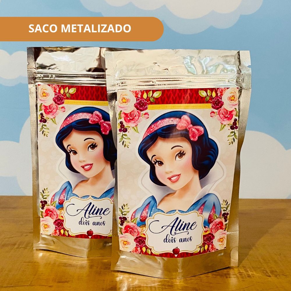 40 Saco Zip Lock Personalizado BRANCA DE NEVE Metalizado Lembrancinhas