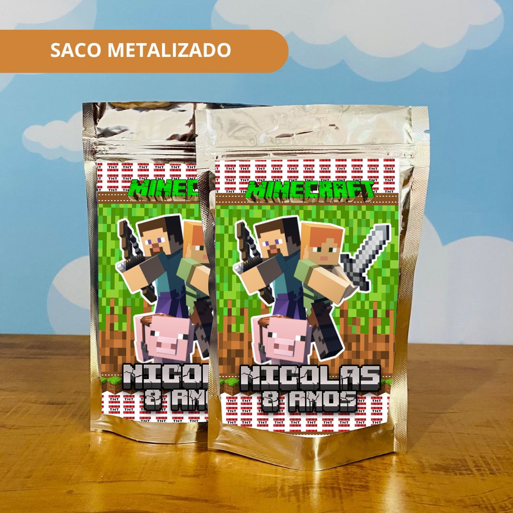 40 Saco Zip Lock Personalizado MINECRAFT Metalizado Lembrancinha