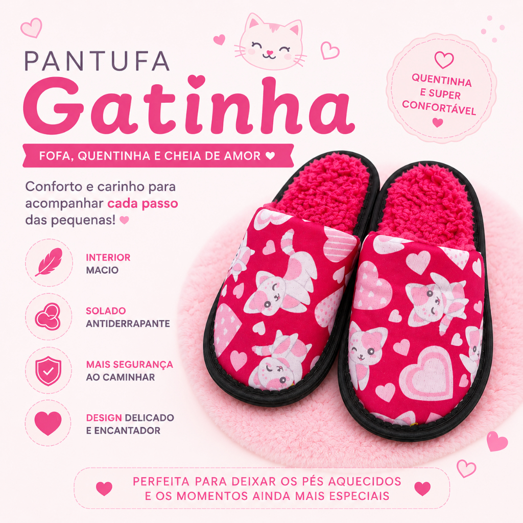 Pantufa Infantil Feminina Gatinha Rosa Cute Peluciada Quentinha Kids